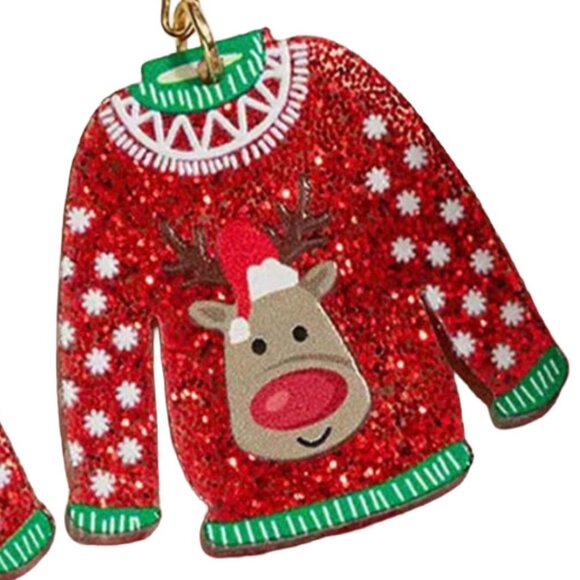 Ugly Sweater Rudolph Red Nose Reindeer Glitter Christmas Earrings Adorable A19S2 - Picture 2 of 5